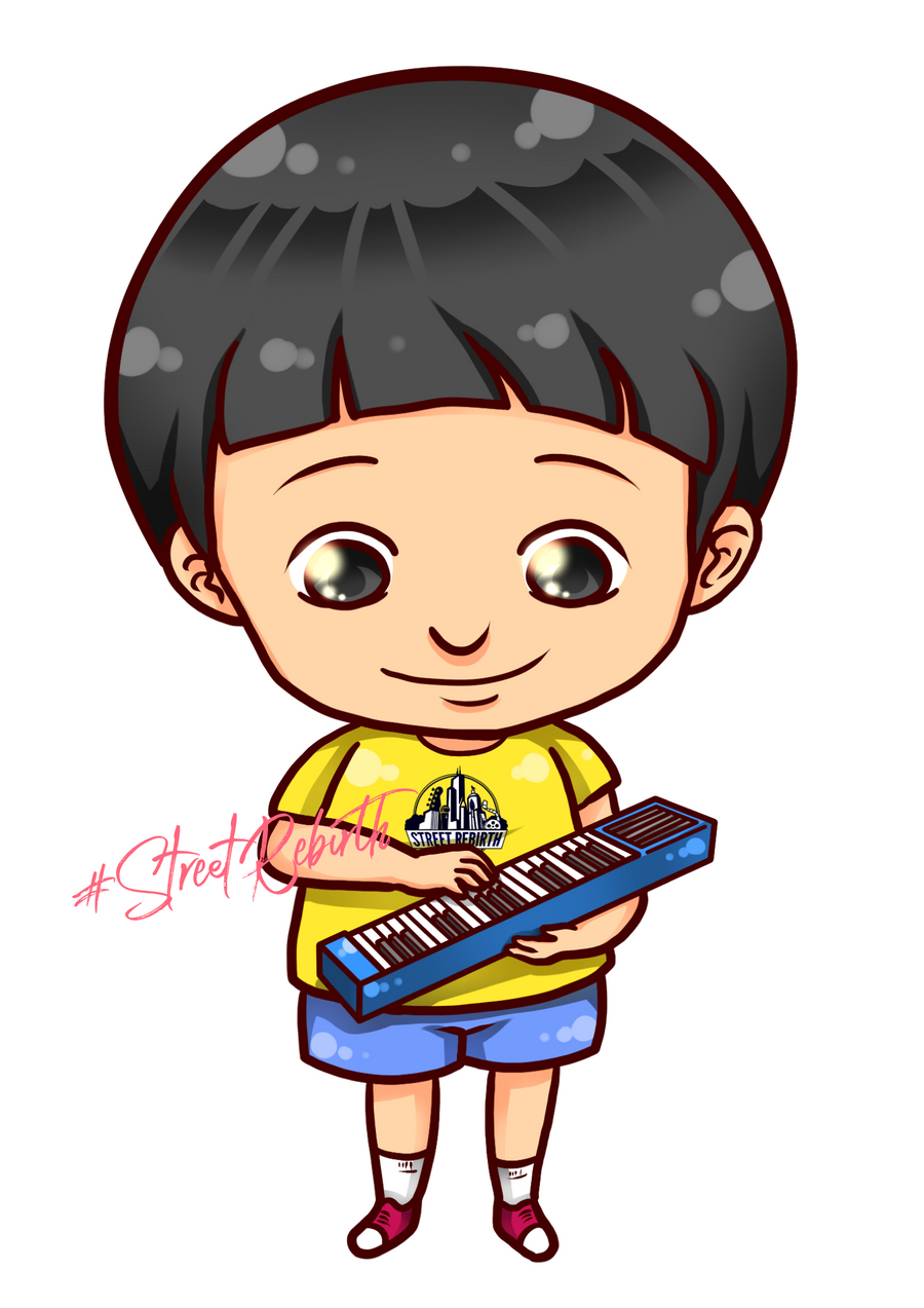 Chibi cartoon sticker of the theatrical keyboard kid, 4 inch waterproof vinyl decal