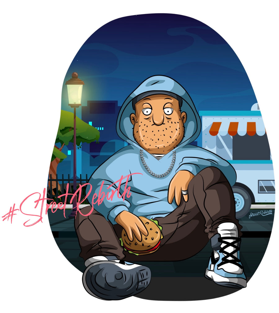 Waterproof vinyl sticker featuring an original hip hop humorous cartoon-style illustration