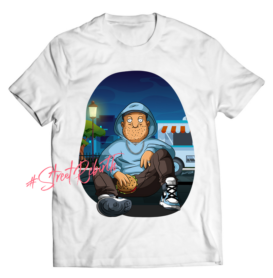 Unisex graphic T-shirt featuring an original hip hop humorous cartoon-style illustration