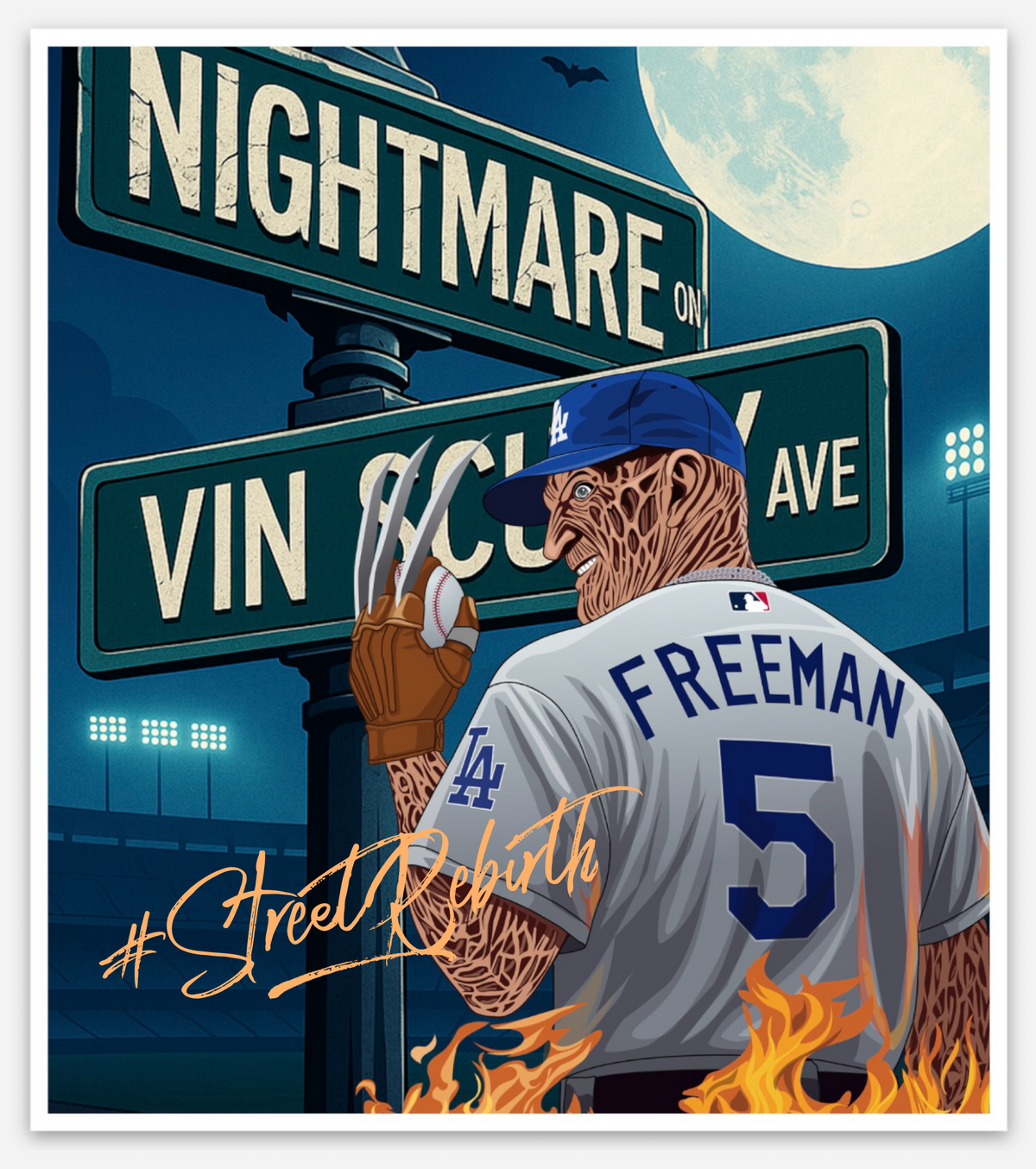 Freddie Freeman x Freddy Krueger Dodgers Sticker – “A Nightmare on Vin Scully Ave” | Street Rebirth Horror Baseball Mashup