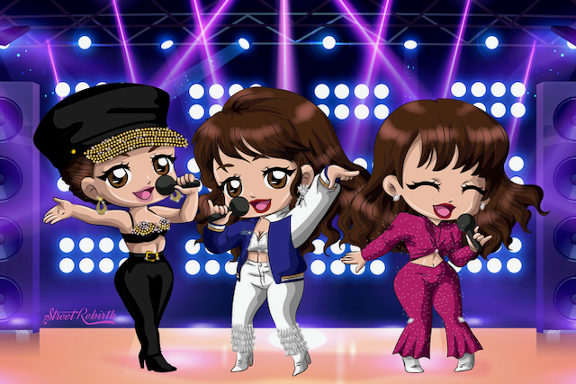 Selena Chibi Dancing Sticker – 3 Iconic Outfits – Cute Latina Legend Vinyl Sticker Description: