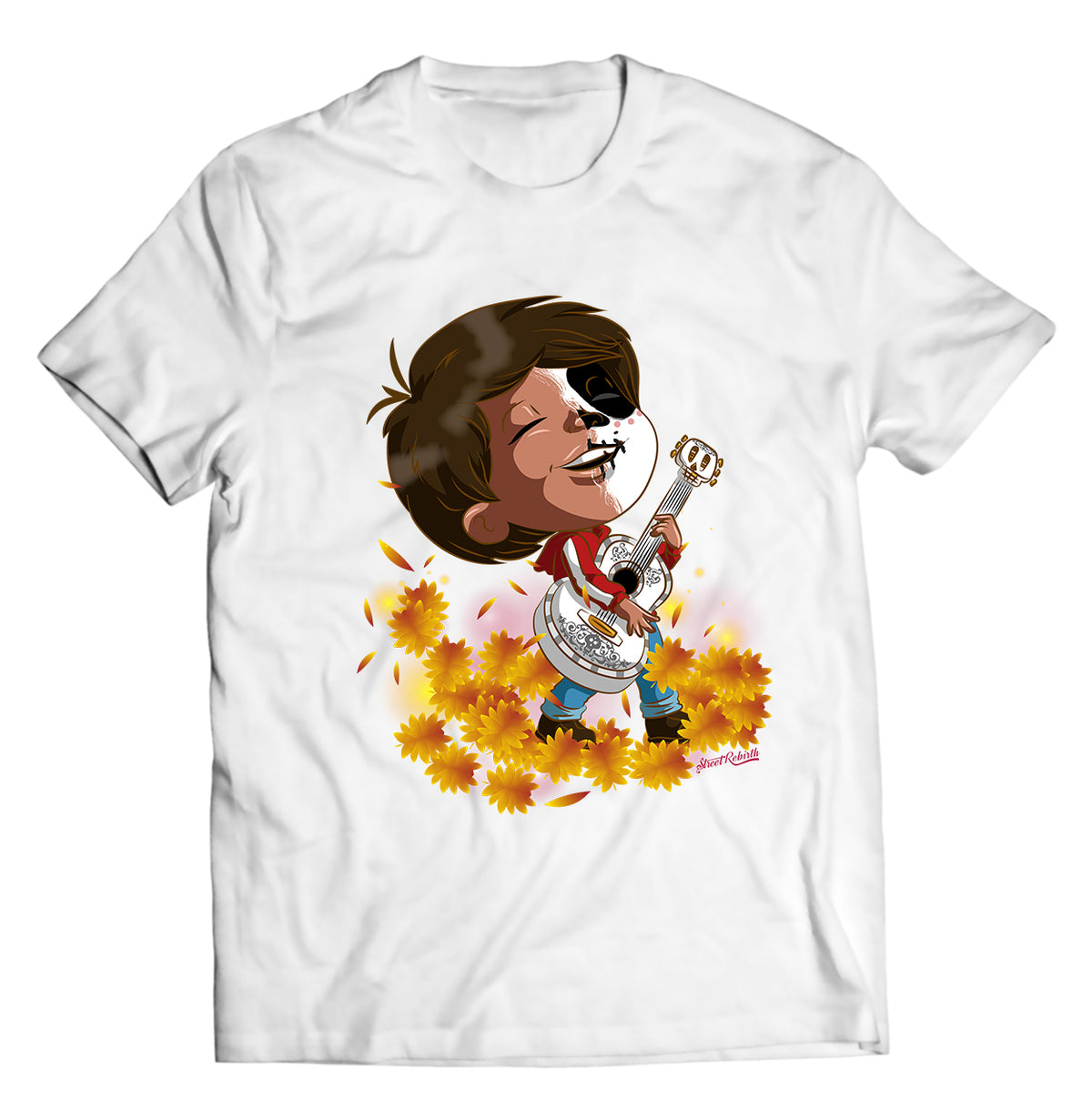 Miguel Half-Face Painted Shirt – Día de los Muertos Inspired Tee | “Remember Me” Guitar Player Surrounded by Autumn Leaves | Latino Heritage &amp; Music Culture Apparel