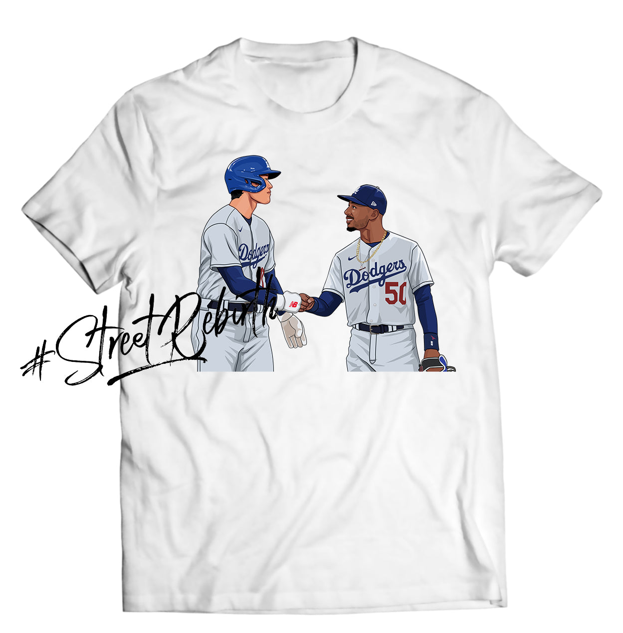 Shohei Ohtani Celebratory Fist Pump with Mookie Betts - Dodgers Signing Moment - Direct To Garment Quality Print - Unisex Shirt - Gift For Him or Hert