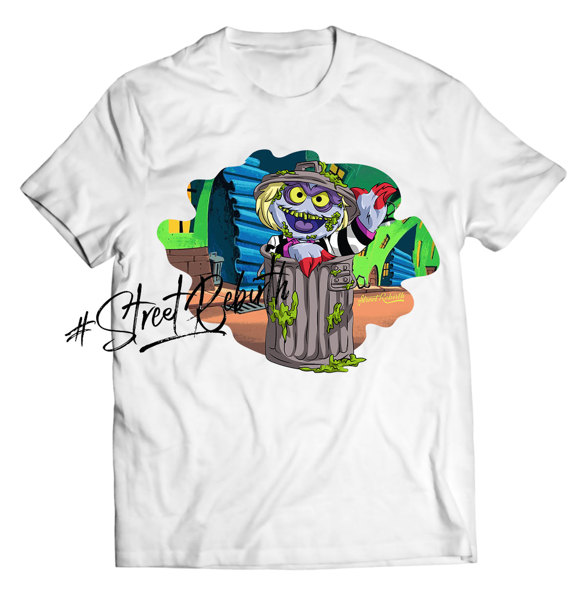 Oscar the Grouch as Beetlejuice Halloween Horror Mashup T-Shirt