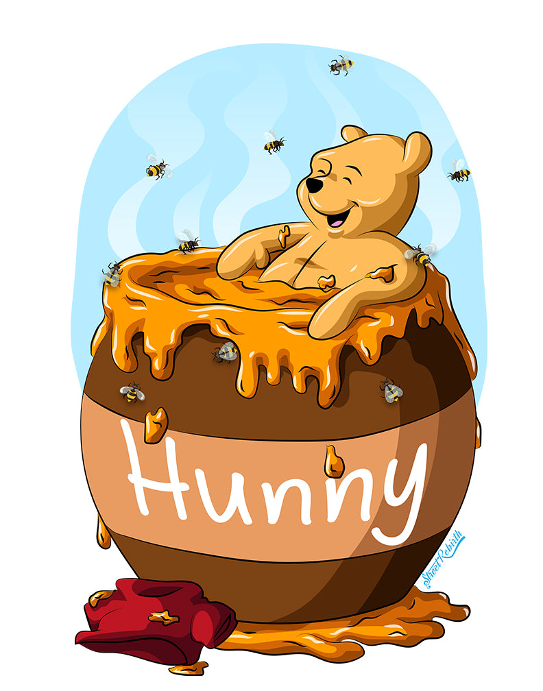 Pooh Bear Honey Bath Sticker – Cute Cartoon-Inspired Fan Art Vinyl Decal – Nostalgic Pop Culture Mashup, Funny Bear in Honey Jar, Waterproof Collectible