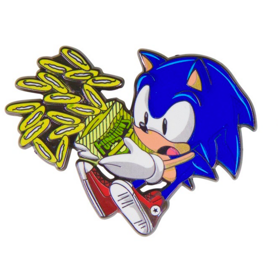 Collectible enamel lapel pin featuring an original humorous retro design