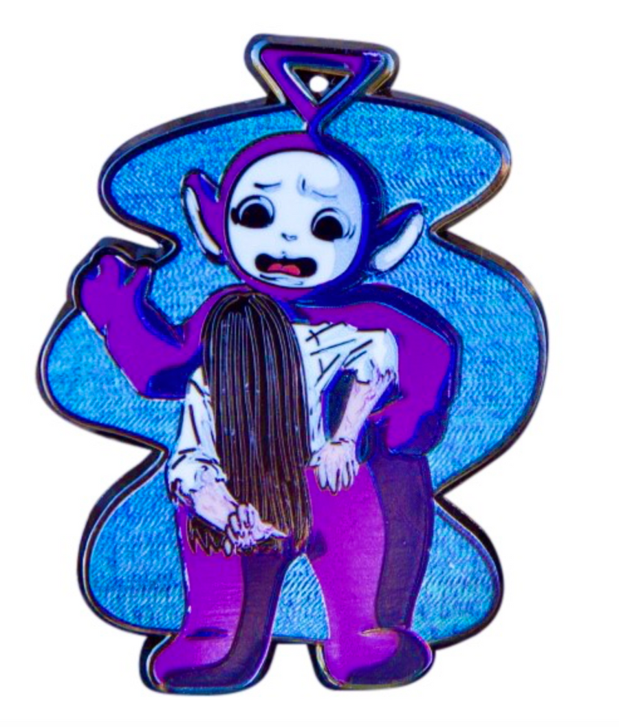 Collectible enamel lapel pin featuring an original spooky humorous retro design