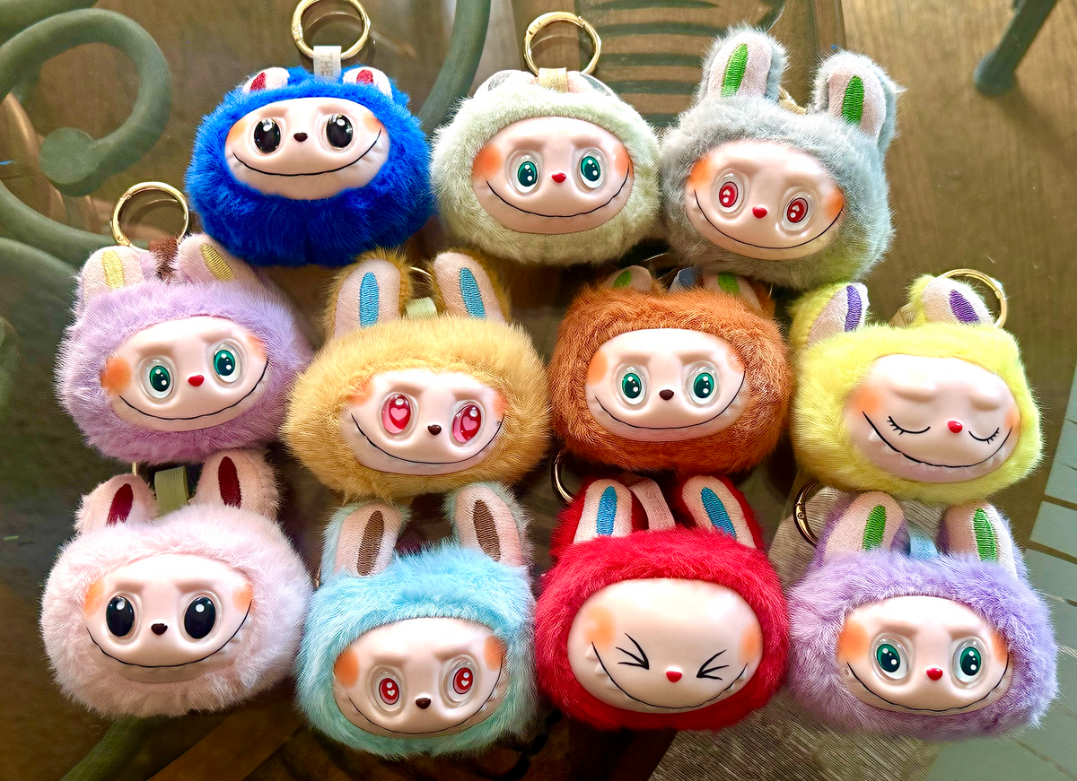 Singing Fluffy Labubu Bunny Keychains – 10 Colors – Cute Collectible Plush Charms (4” x 3.5”)