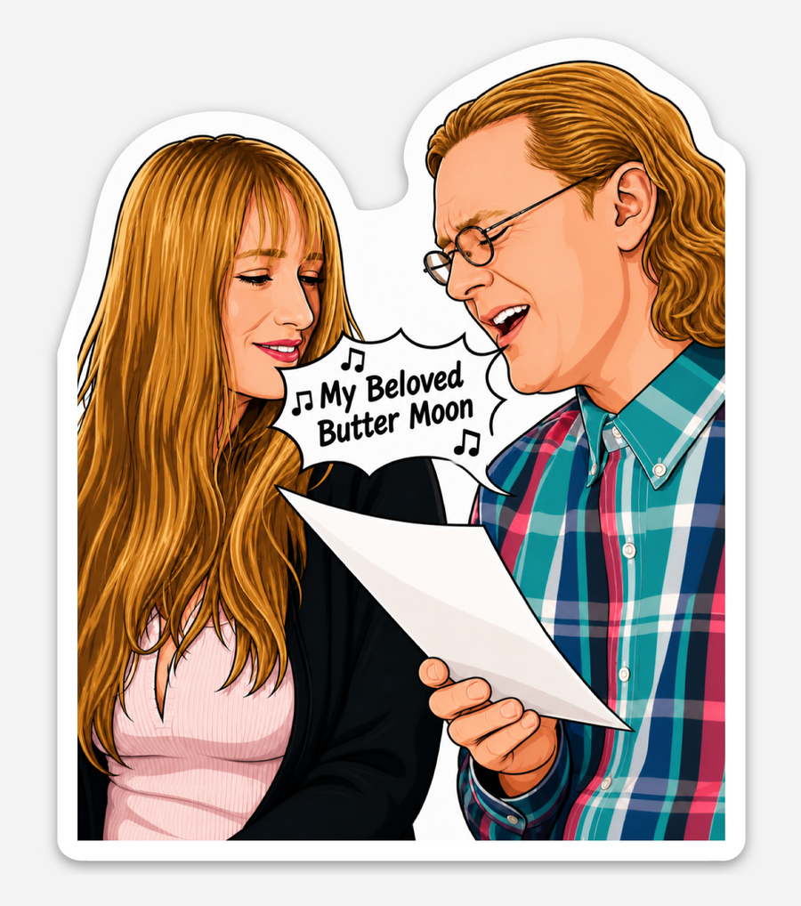 Waterproof vinyl sticker featuring an original romantic humorous cute illustration