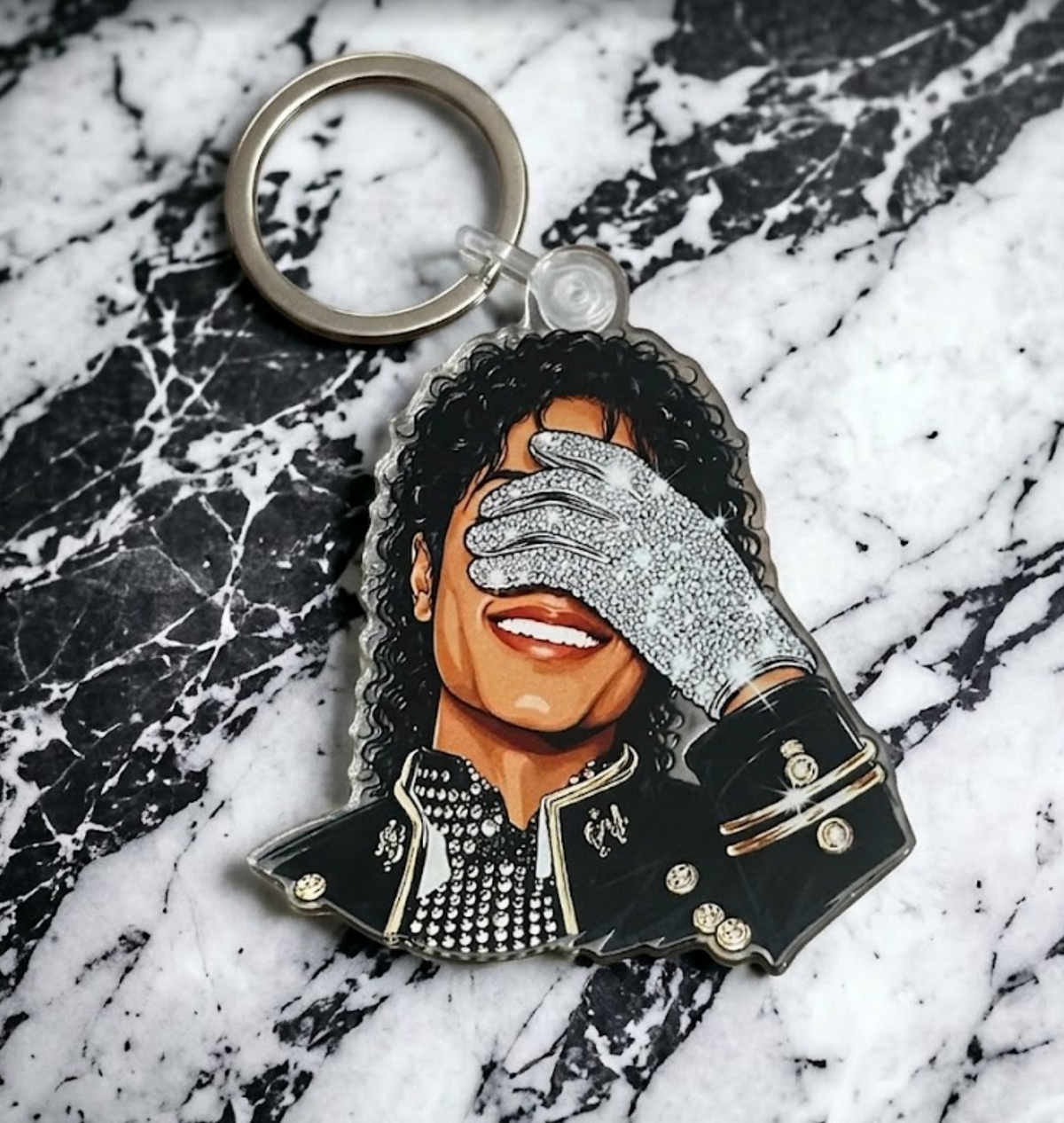 Glittered Glove Pop Icon Acrylic Keychain | 80s Moonlit Dance Legend Parody Charm | Streetwear Nostalgia EDC Bag Tag | Retro 90s Kid Gift