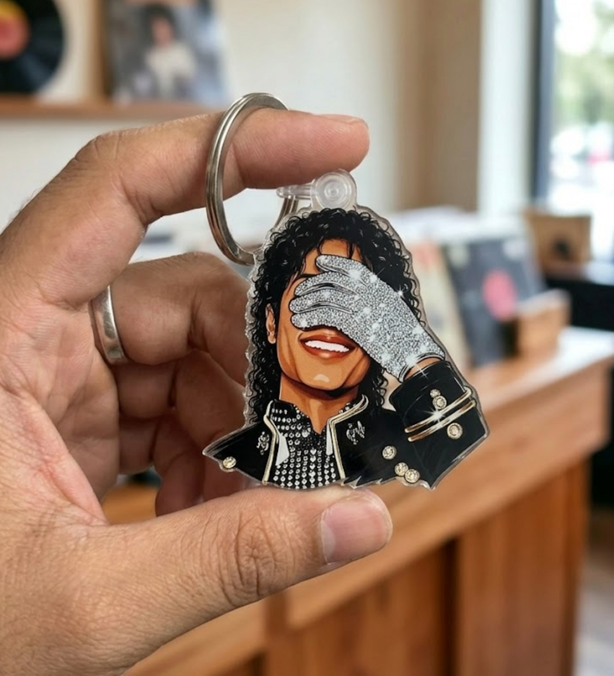 Glittered Glove Pop Icon Acrylic Keychain | 80s Moonlit Dance Legend Parody Charm | Streetwear Nostalgia EDC Bag Tag | Retro 90s Kid Gift