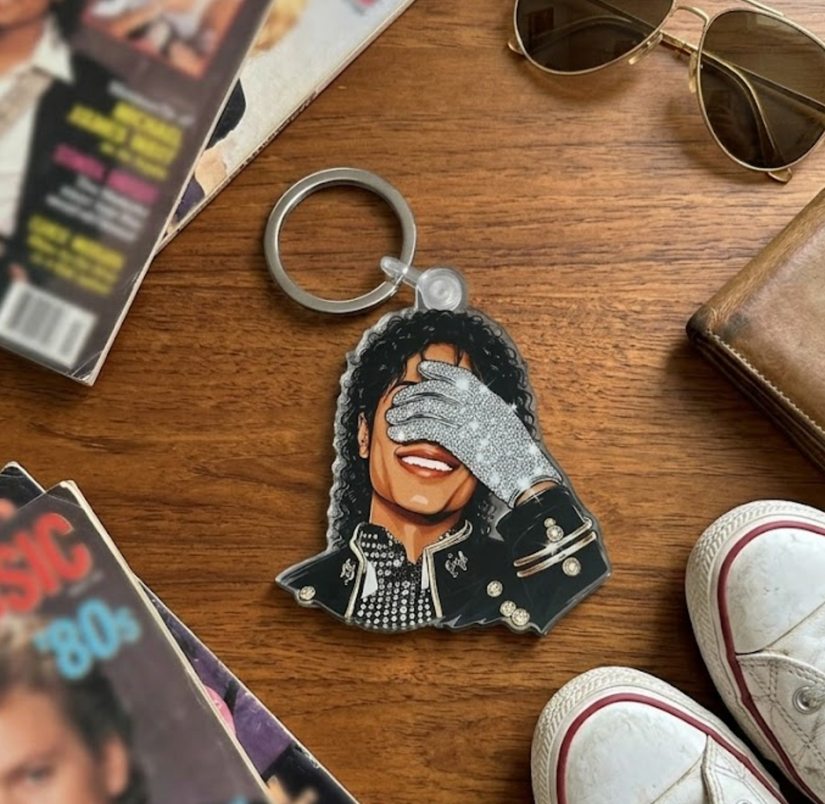 Glittered Glove Pop Icon Acrylic Keychain | 80s Moonlit Dance Legend Parody Charm | Streetwear Nostalgia EDC Bag Tag | Retro 90s Kid Gift