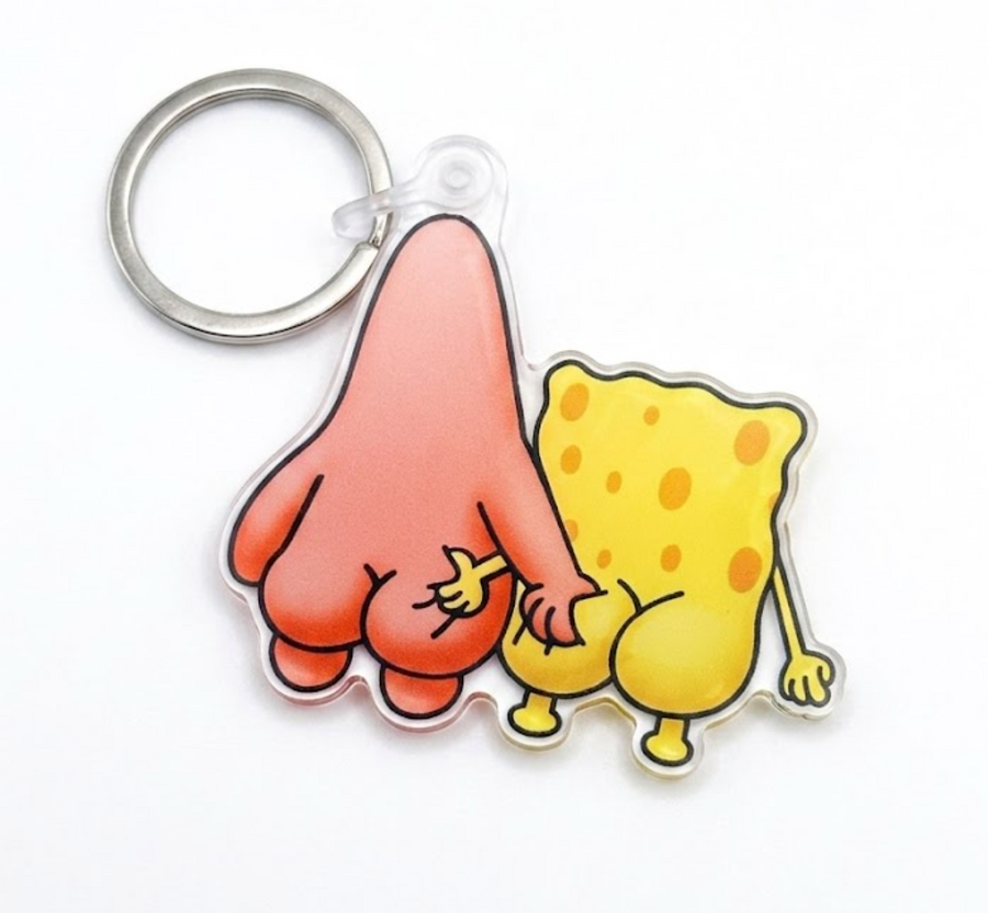 Acrylic keychain featuring an original humorous retro cartoon-style illustration