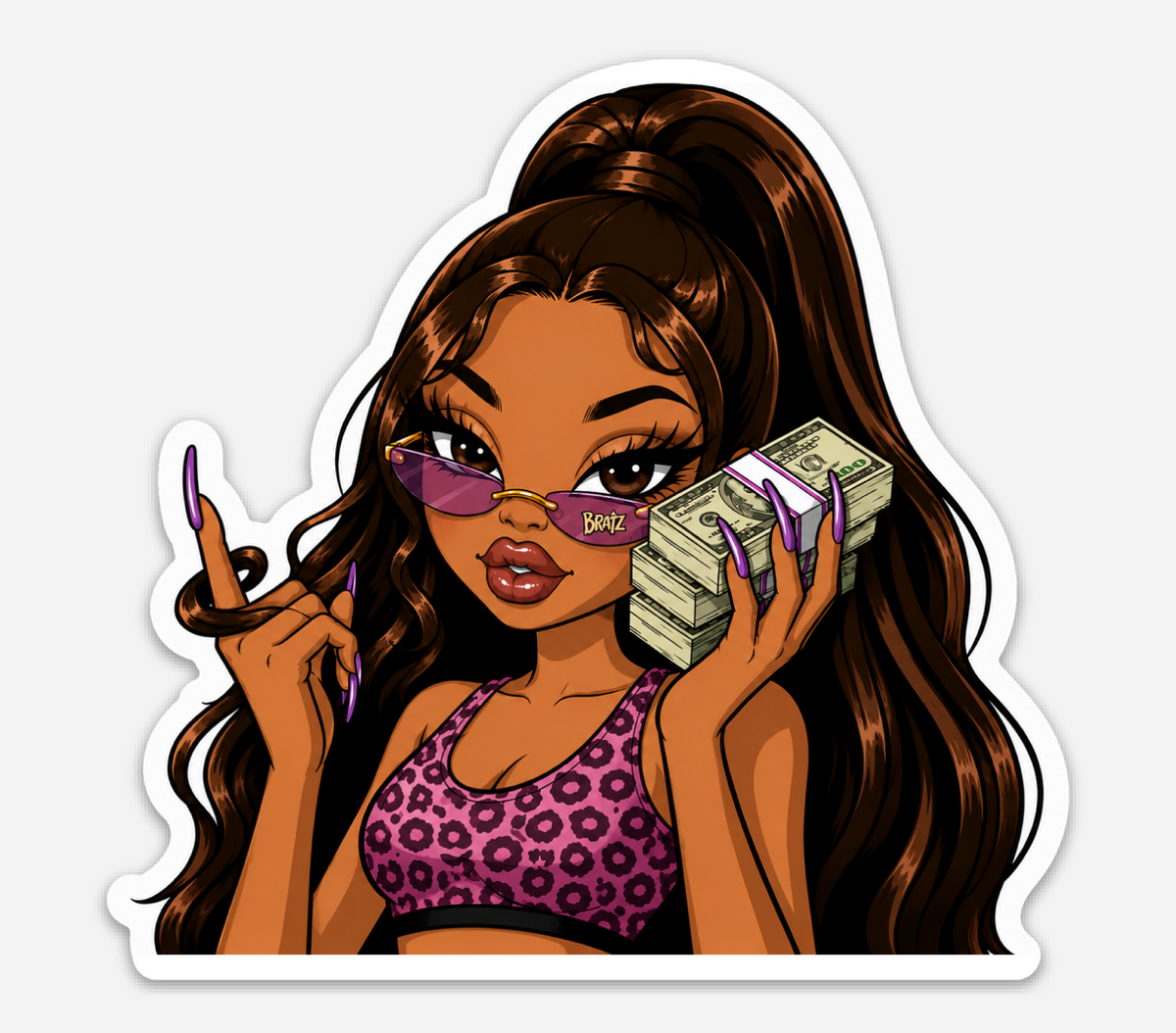 Purple Shades Cash Girl Vinyl Sticker | Brown Hair Baddie Sticker, Money Stack Fashion Girl, Y2K Glam Laptop Decal