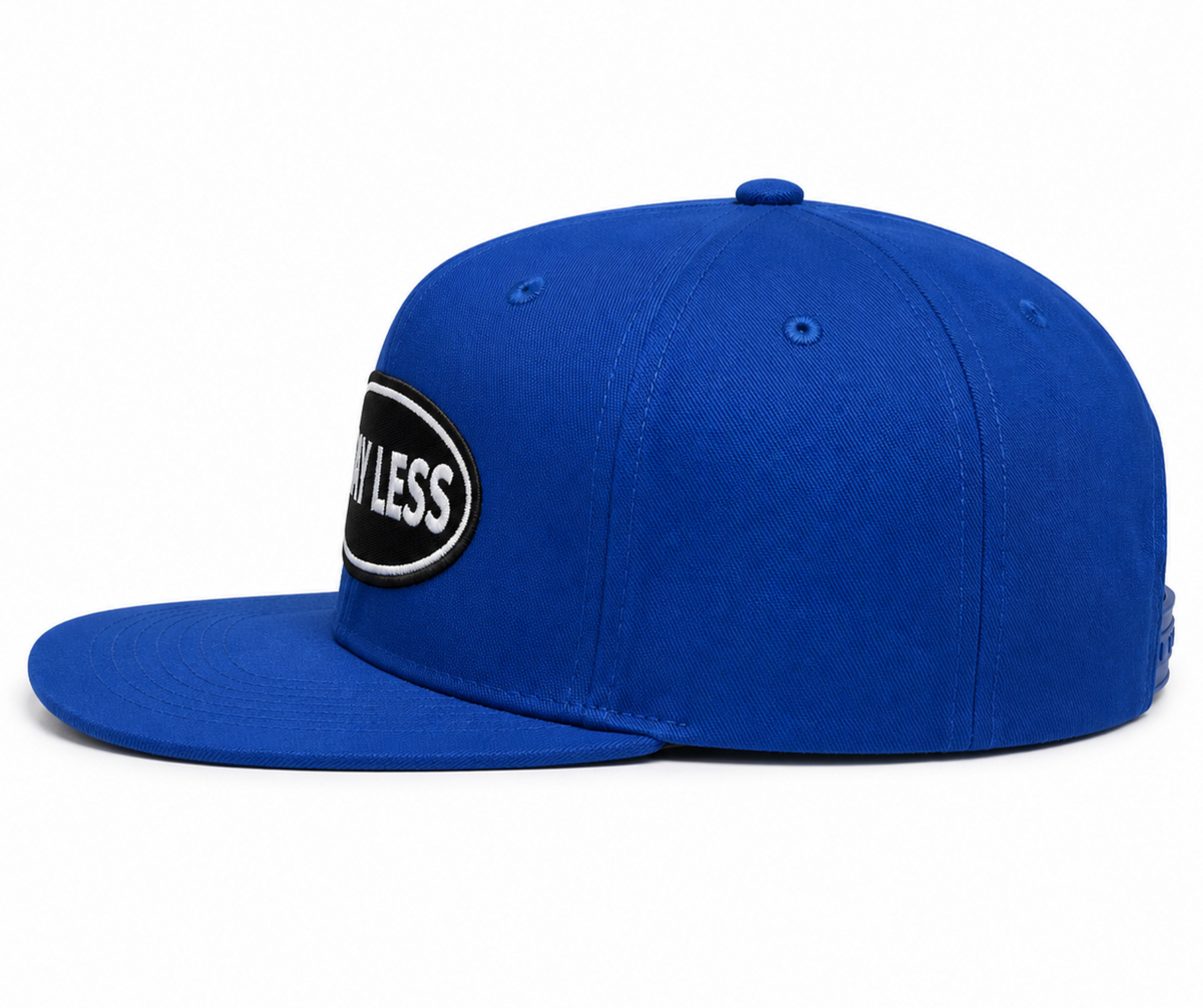 SAY LESS Embroidered Patch Snapback... Royal Blue Structured Flat Brim Baseball Cap | Street Rebirth Streetwear for Men & Women