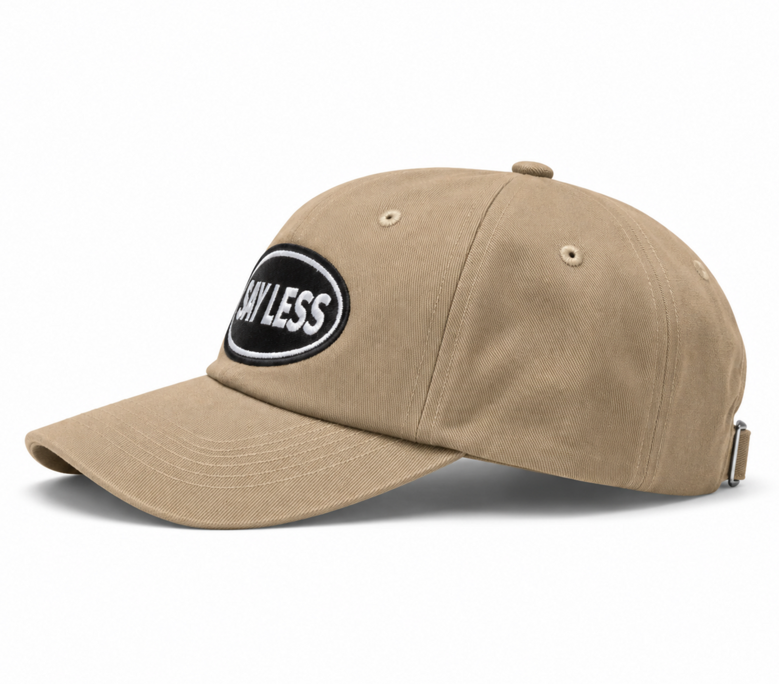 SAY LESS Embroidered Patch Dad Hat... Tan Unstructured Low Profile Adjustable Cap | Street Rebirth Streetwear for Men & Women