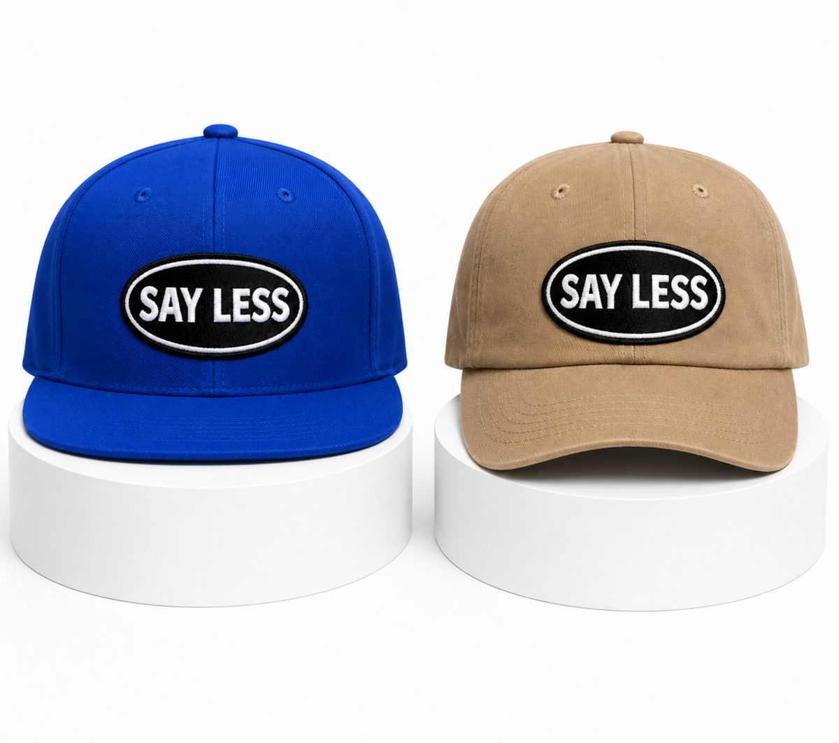 SAY LESS Embroidered Patch Dad Hat... Tan Unstructured Low Profile Adjustable Cap | Street Rebirth Streetwear for Men & Women