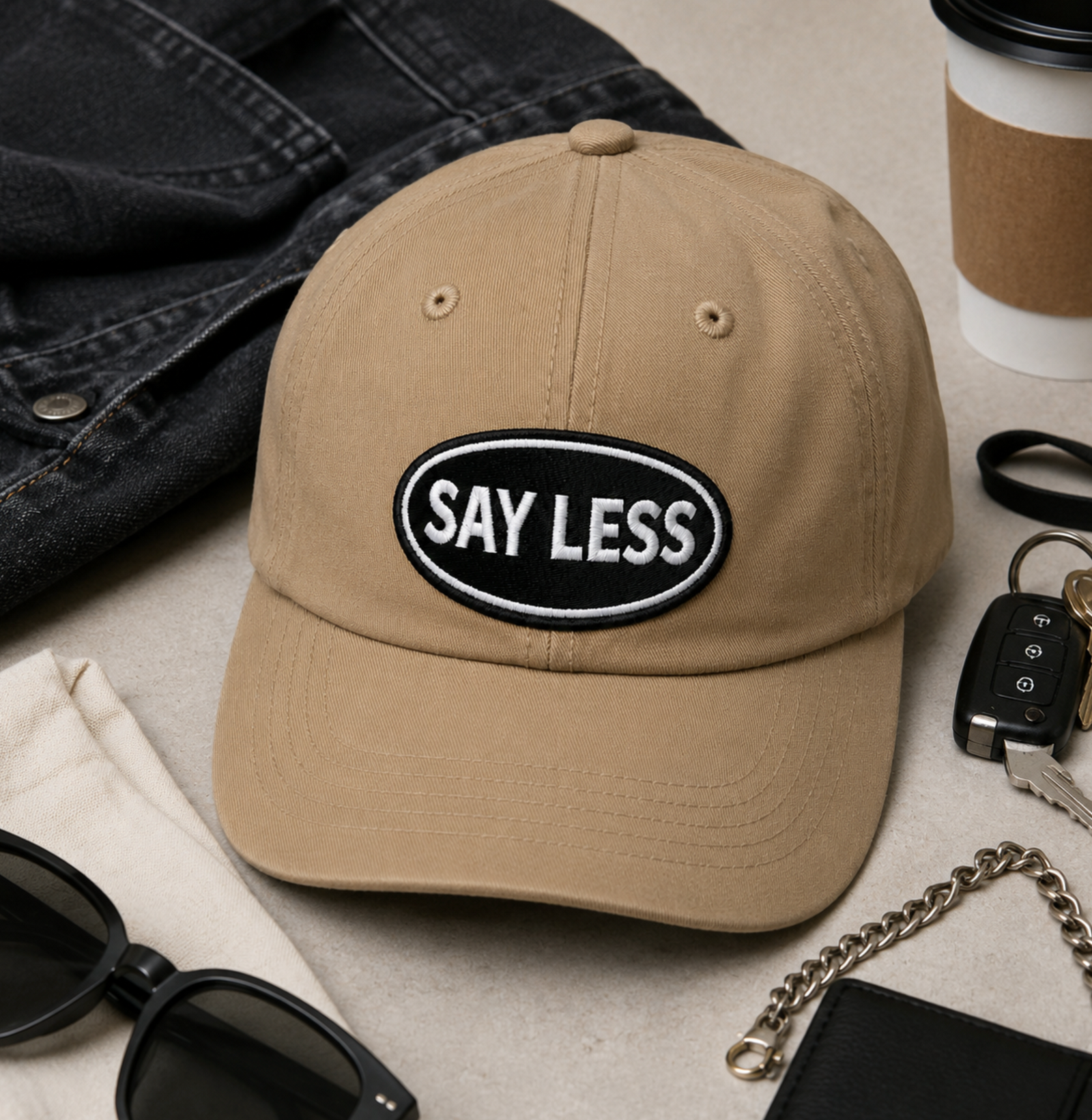 SAY LESS Embroidered Patch Dad Hat... Tan Unstructured Low Profile Adjustable Cap | Street Rebirth Streetwear for Men & Women