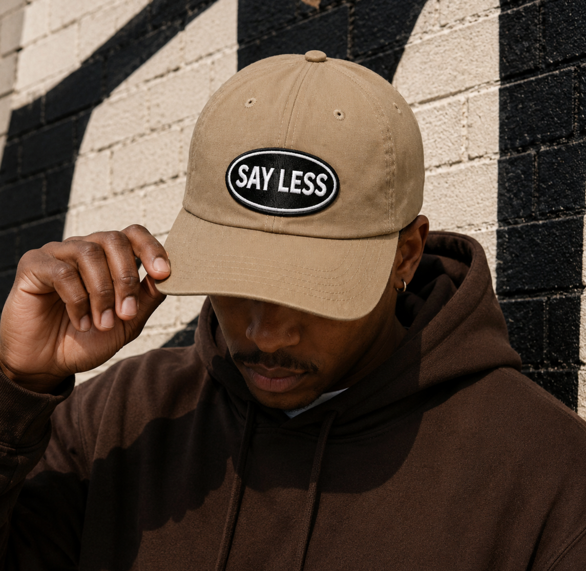 SAY LESS Embroidered Patch Dad Hat... Tan Unstructured Low Profile Adjustable Cap | Street Rebirth Streetwear for Men & Women
