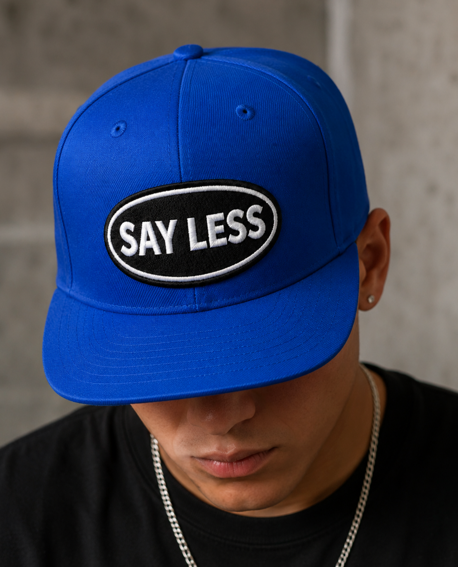 SAY LESS Embroidered Patch Snapback... Royal Blue Structured Flat Brim Baseball Cap | Street Rebirth Streetwear for Men & Women