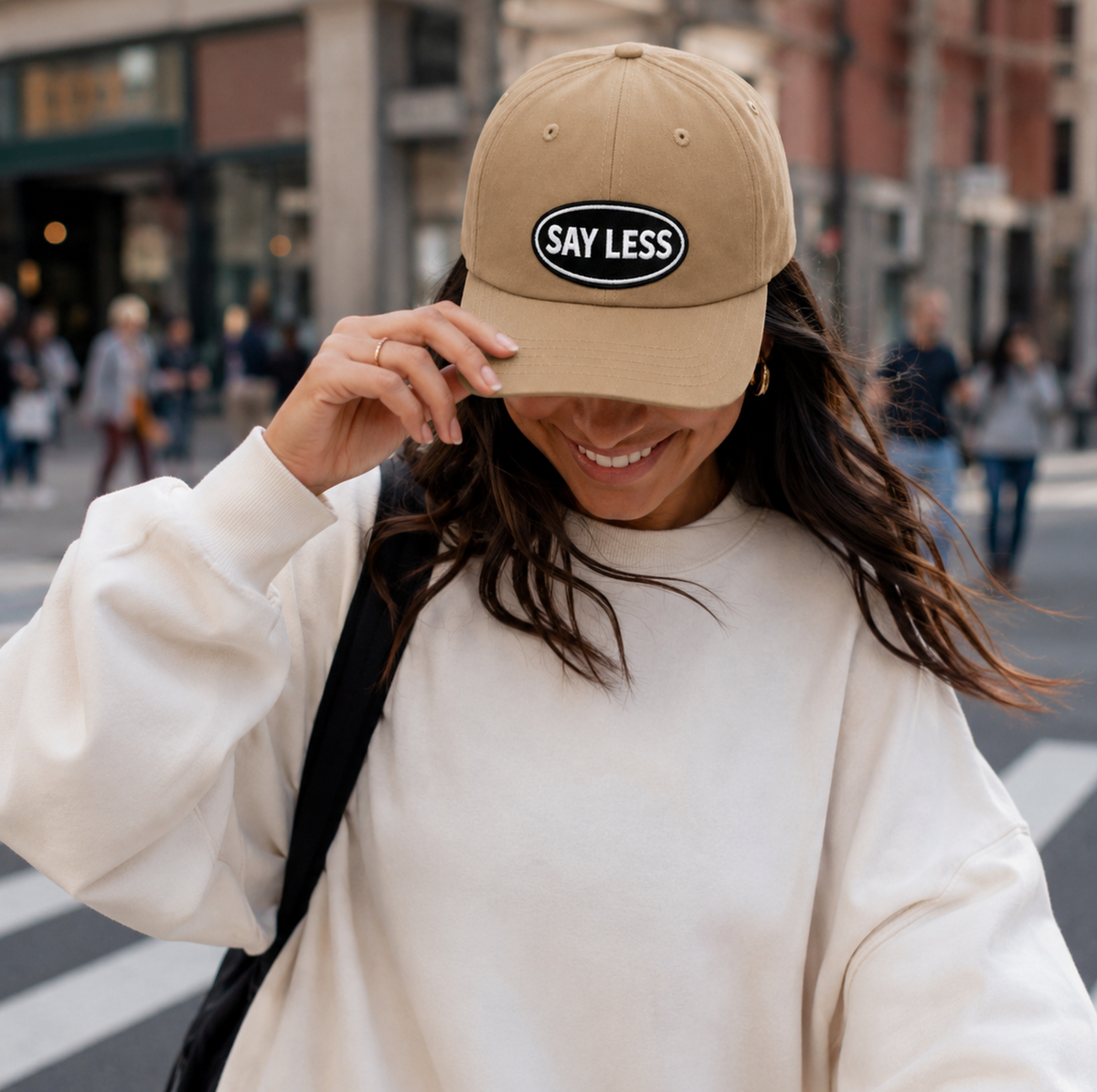 SAY LESS Embroidered Patch Dad Hat... Tan Unstructured Low Profile Adjustable Cap | Street Rebirth Streetwear for Men & Women