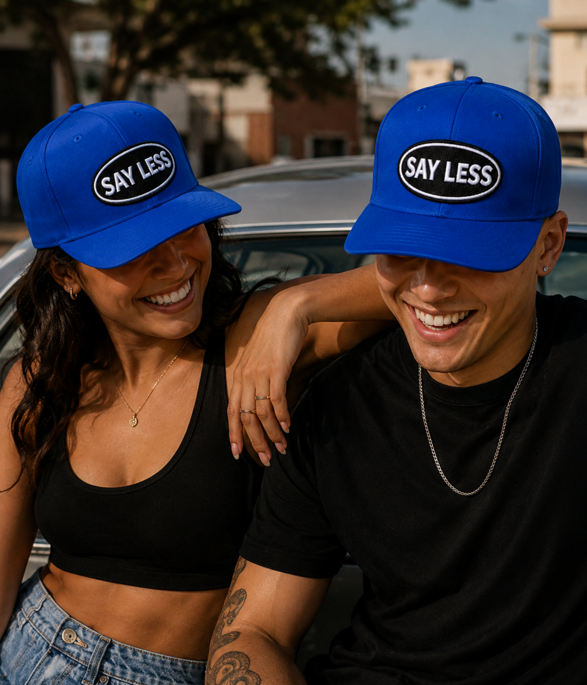 SAY LESS Embroidered Patch Snapback... Royal Blue Structured Flat Brim Baseball Cap | Street Rebirth Streetwear for Men & Women