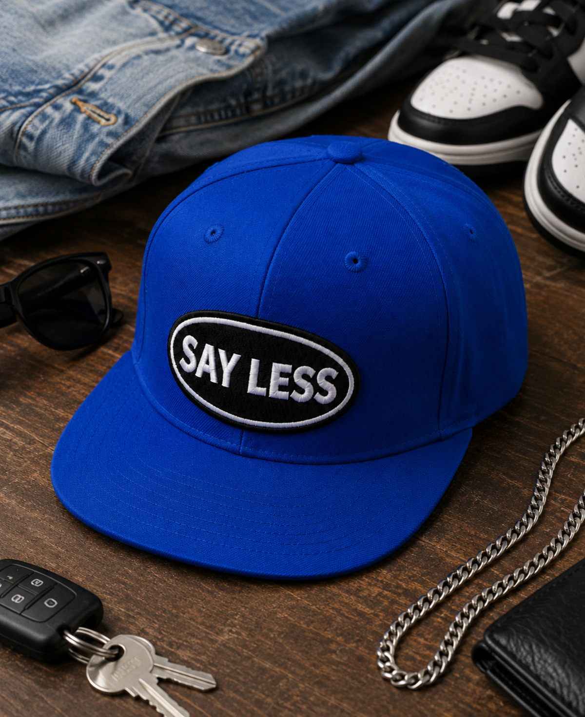 SAY LESS Embroidered Patch Snapback... Royal Blue Structured Flat Brim Baseball Cap | Street Rebirth Streetwear for Men & Women