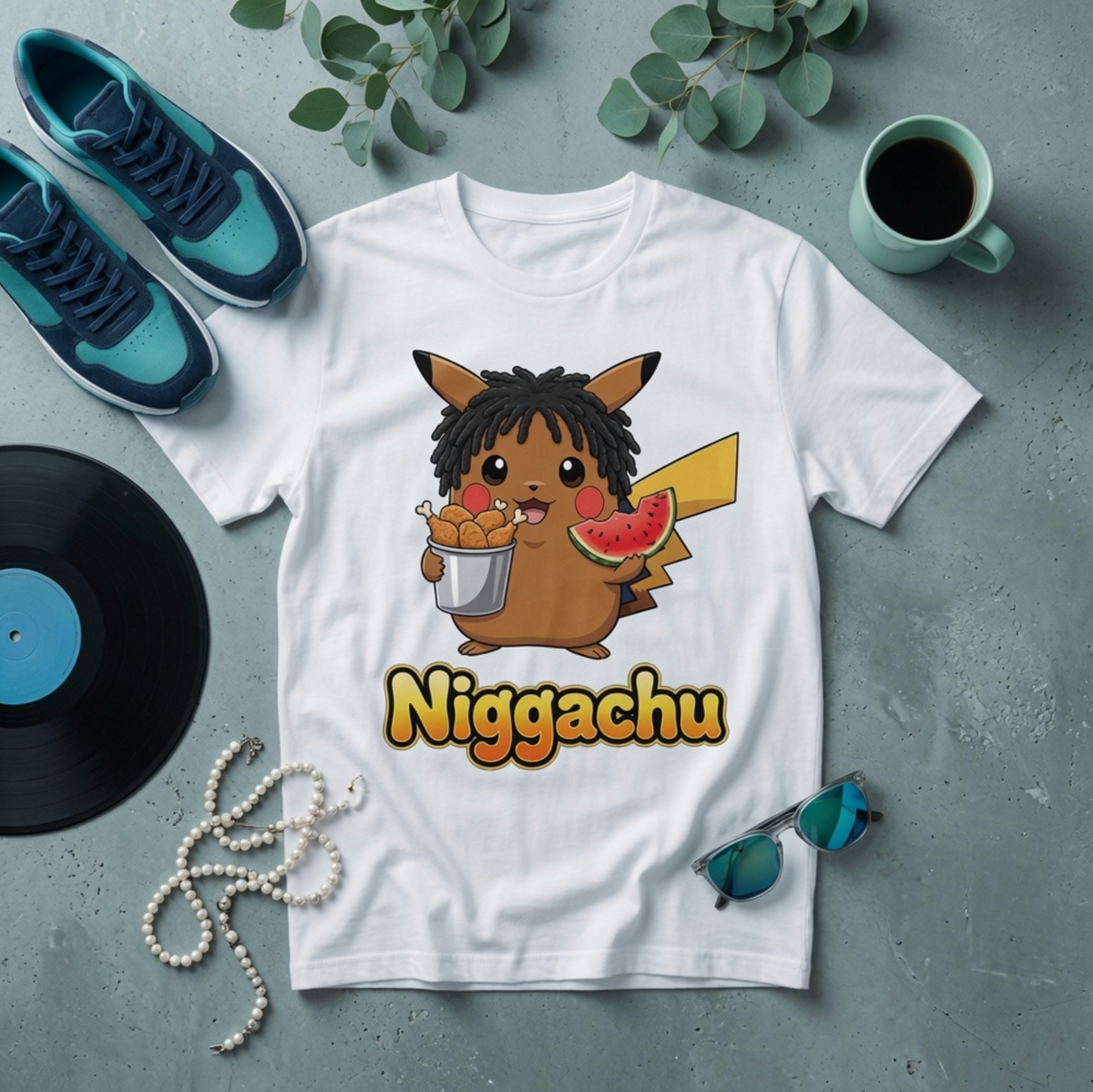 Nigachu Anime-Inspired Parody Shirt – Funny Urban Meme Graphic Tee with Chicken & Watermelon