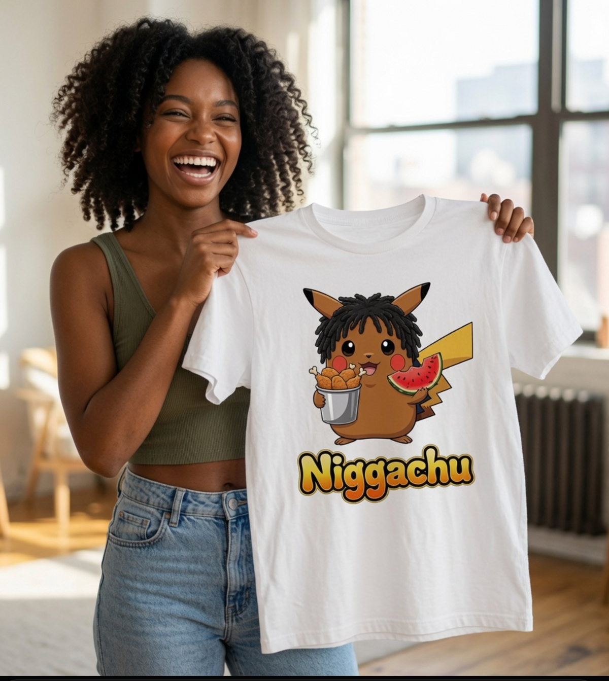 Nigachu Anime-Inspired Parody Shirt – Funny Urban Meme Graphic Tee with Chicken & Watermelon