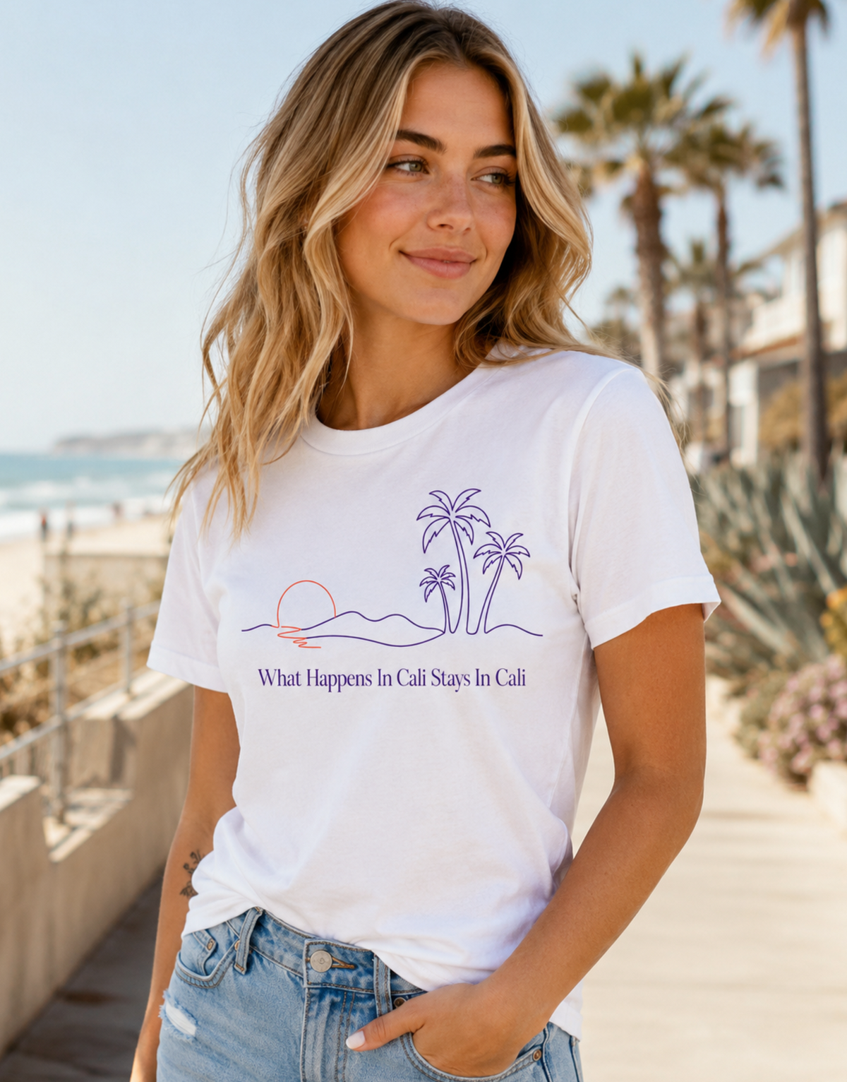 What Happens In Cali Stays In Cali Shirt – Minimalist Palm Sunset Graphic Tee