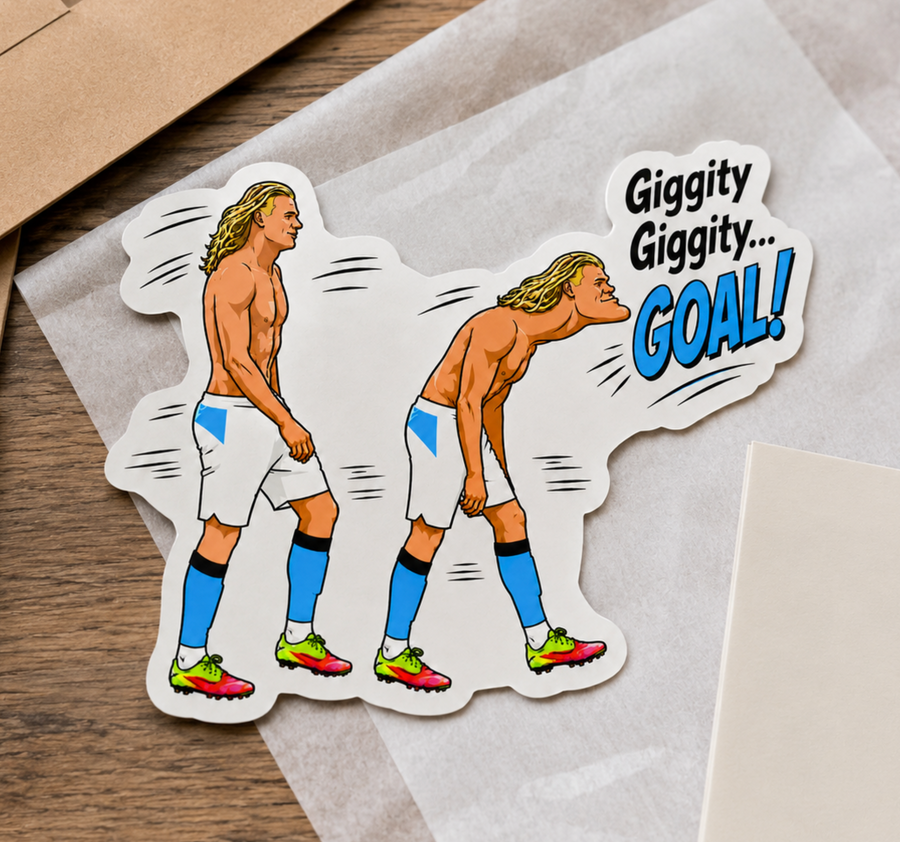 Waterproof vinyl sticker featuring an original soccer humorous illustration
