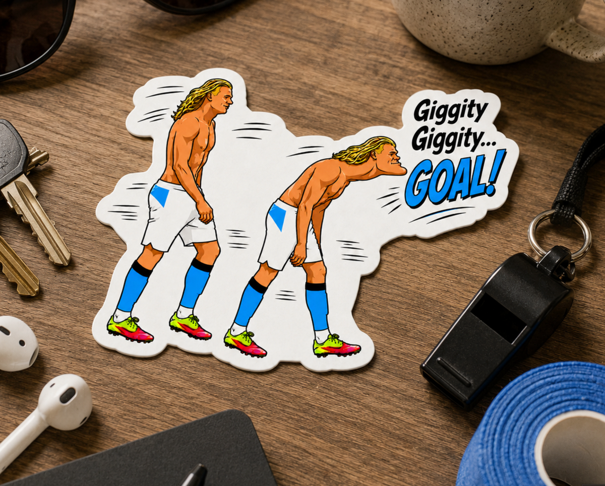 Haaland Norway Funny Soccer Walk Meme Sticker – Blond Athlete Motion Pose Matte Vinyl Decal, Sports Humor Game Day Laptop Water Bottle Sticker