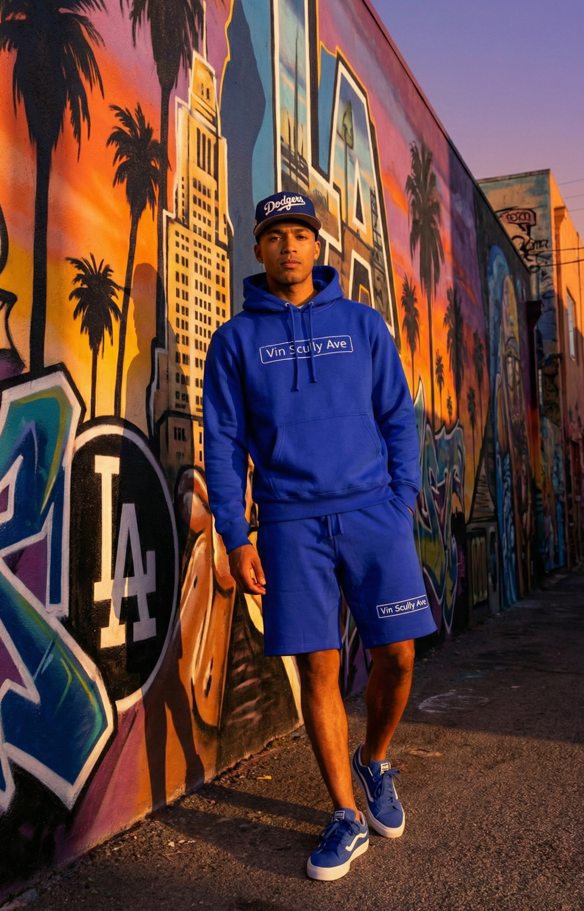 Vin Scully Ave Embroidered Hoodie &amp; Shorts Set – Premium Royal Blue LA Championship Streetwear Bundle