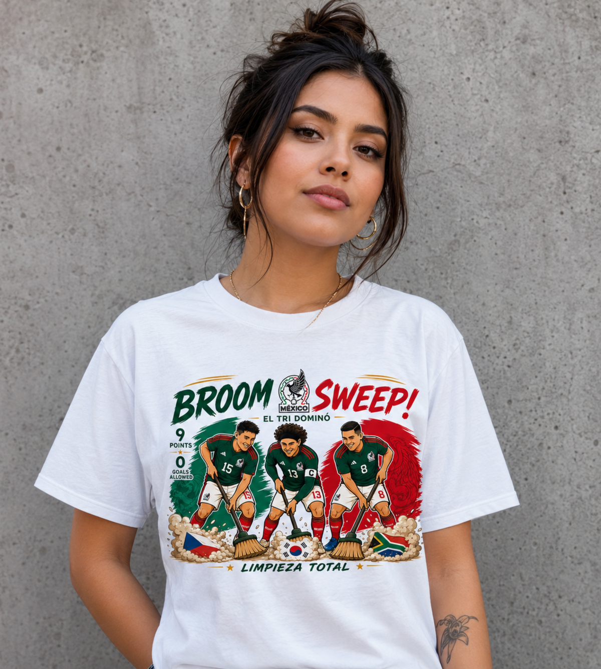 Broom Sweep Mexico Soccer T-Shirt – El Tri Dominó Graphic Tee, 9 Points 0 Goals Allowed Shirt