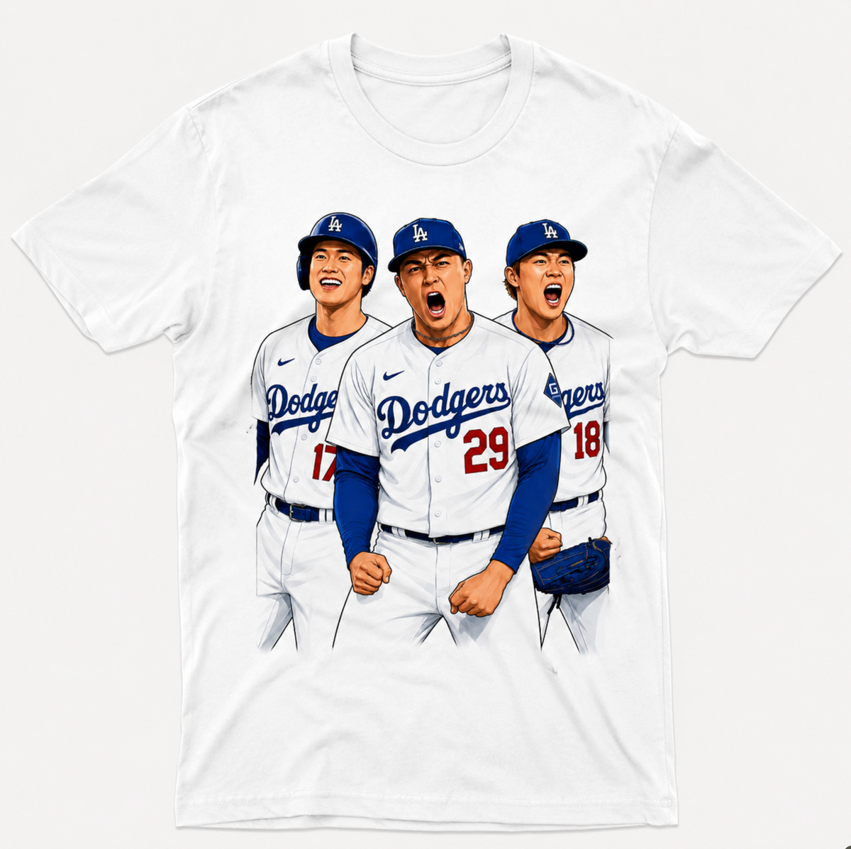 Los Angeles baseball player graphic shirt in blue and white