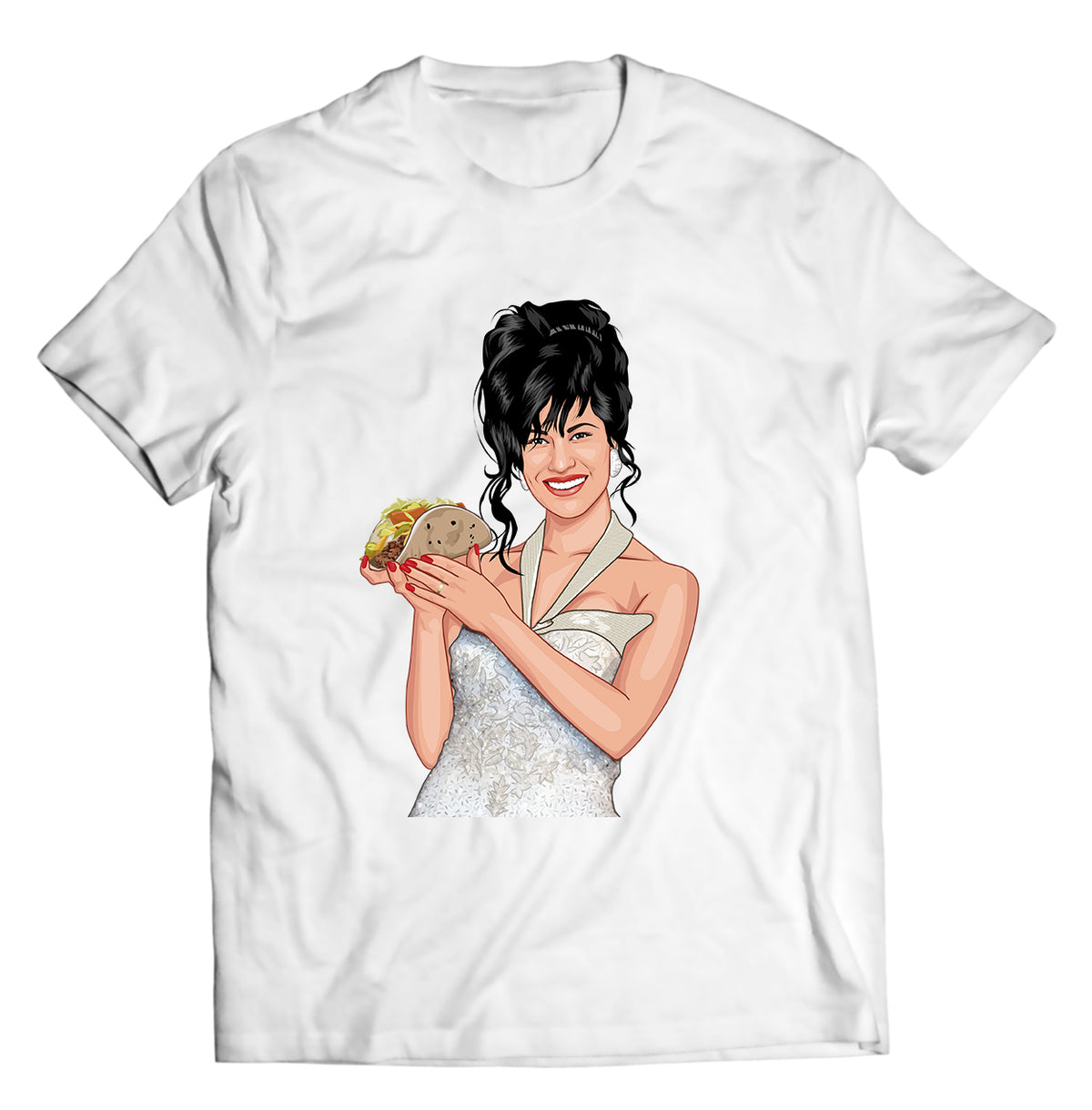 Selena Holding a Taco Shirt – Funny Grammy Pose Parody Tee – Tejano Queen Meets Taco Culture