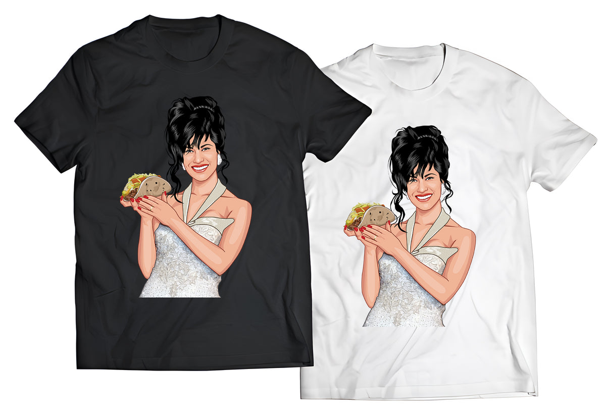 Selena Holding a Taco Shirt – Funny Grammy Pose Parody Tee – Tejano Queen Meets Taco Culture