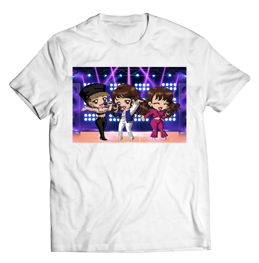 Unisex graphic T-shirt featuring an original music cultural humorous illustration