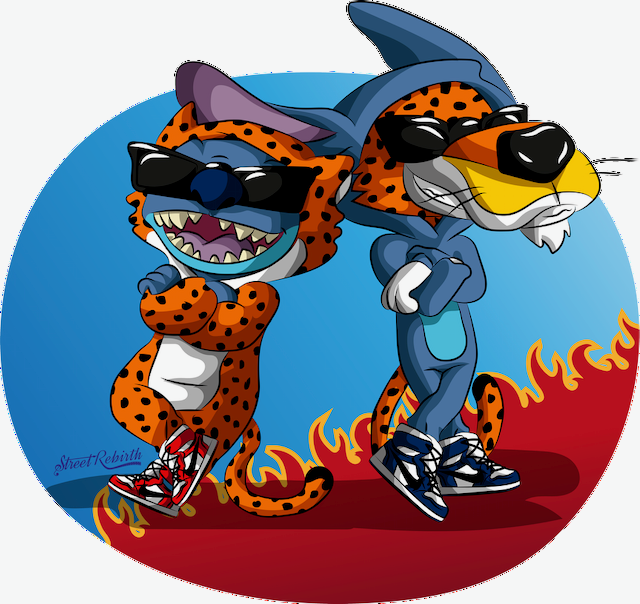 Stitch × Chester Cheetah Mashup Sticker | Funny Cartoon Crossover | 90s Nostalgia Vinyl Art Sticker