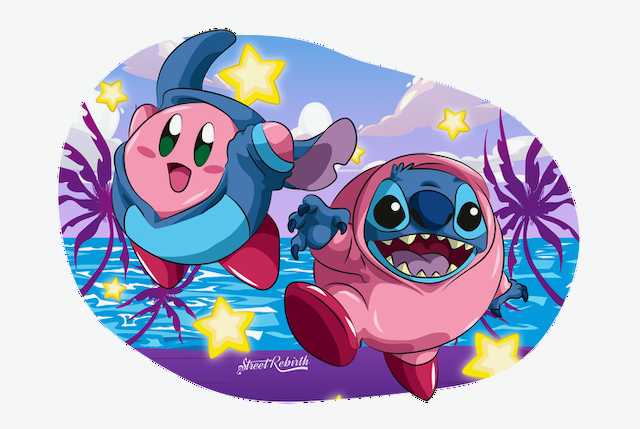 Stitch x Kirby Crossover Sticker – Cute "Costume Swap" Vinyl Decal – Lilo &amp; Stitch Meets Nintendo – Waterproof Laptop &amp; Water Bottle Sticker
