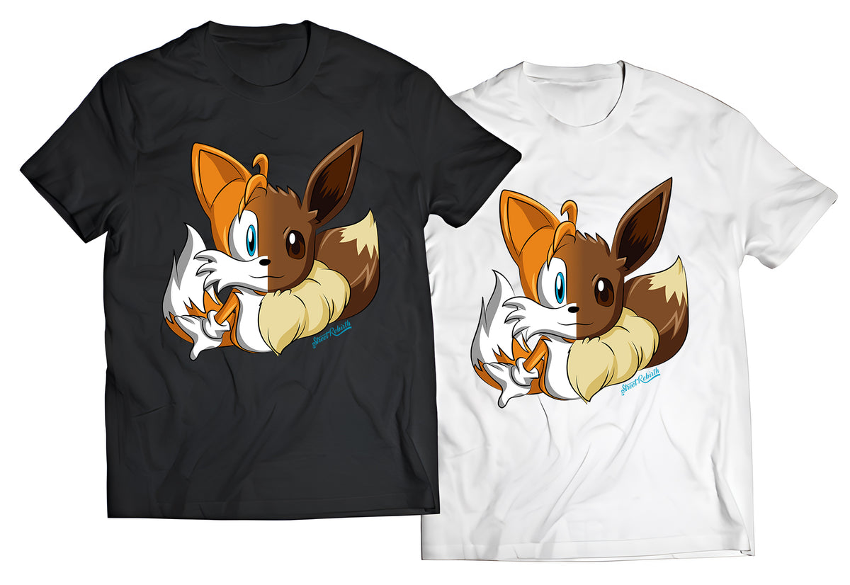 Tails x Eevee Mashup T-Shirt – Sonic x Pokémon Half Face Fan Art Tee, Retro Gamer Anime Style Shirt, Cute Hybrid Character Design