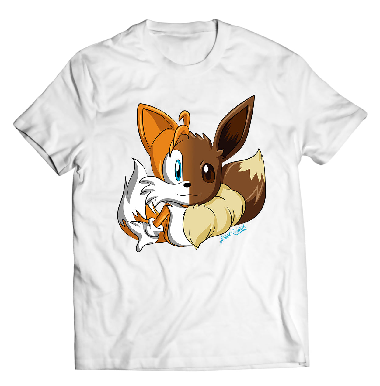 Tails x Eevee Mashup T-Shirt – Sonic x Pokémon Half Face Fan Art Tee, Retro Gamer Anime Style Shirt, Cute Hybrid Character Design