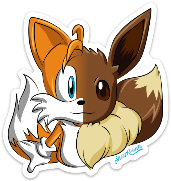 Tails x Eevee Mashup Sticker – Sonic x Pokémon Vinyl Decal, Cute Half Face Fan Art Crossover, Kawaii Retro Gaming &amp; Anime Style