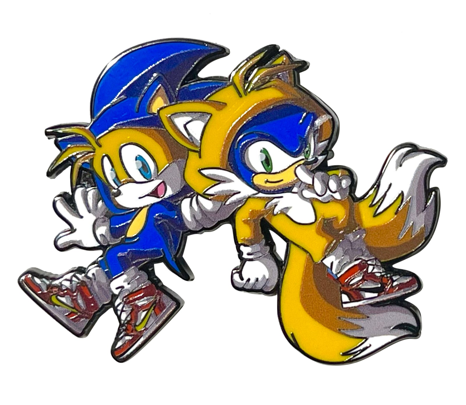 Sonic x Tails Mashup Enamel Pin – 2 Inch Hard Enamel • Characters Wearing Each Other’s Outfits • Retro Gaming Crossover Pin