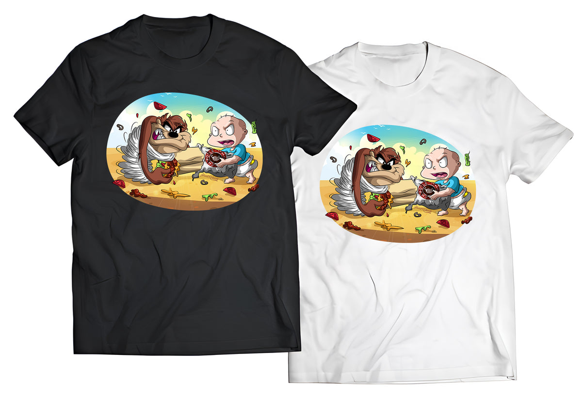 Tommy Pickles vs Taz Shirt – Funny Cartoon Mashup Graphic Tee – Tug-of-War with Chipotle Burrito, Nostalgic 90s Parody, DTG Printed