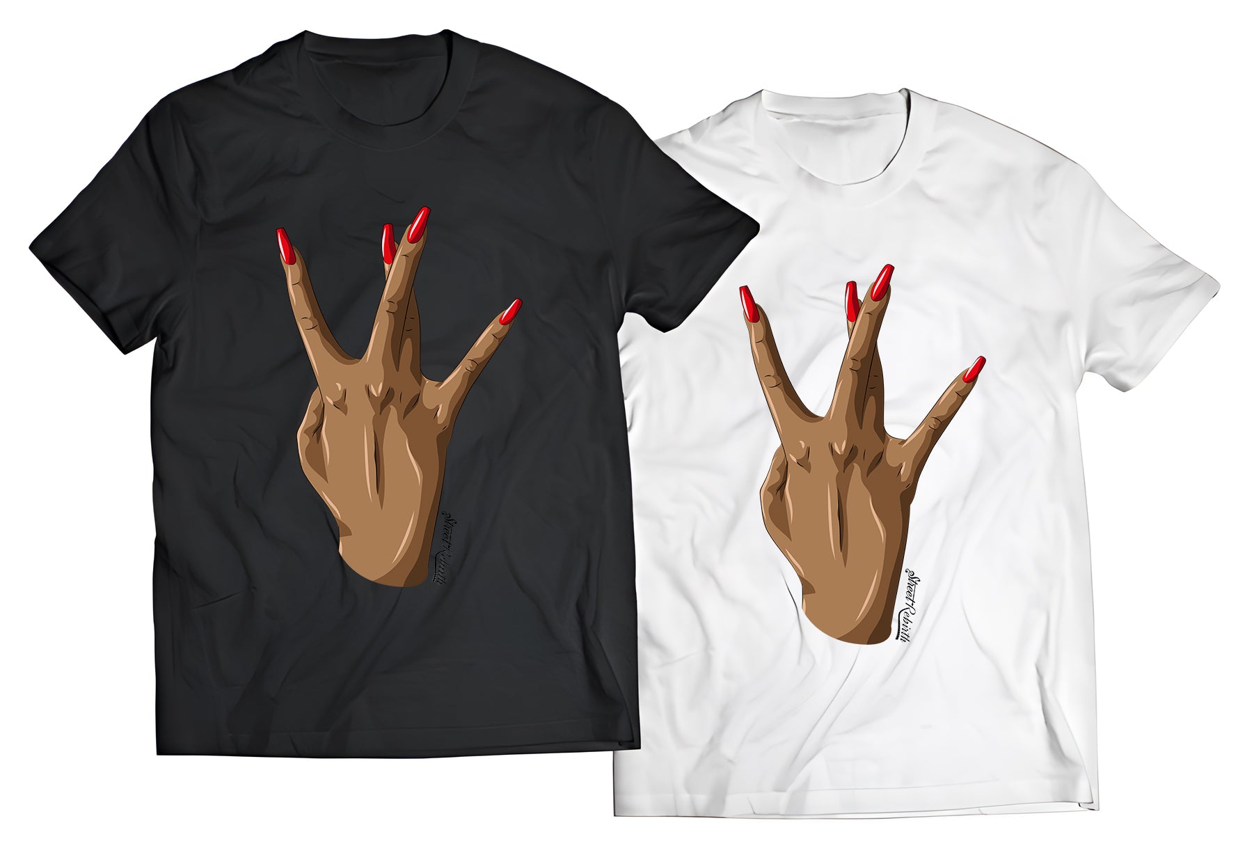 Westside Flex T-Shirt – Bold Hand Sign with Acrylic Nails | West Coast Hip-Hop Aesthetic