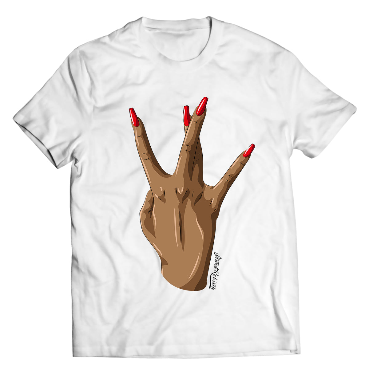 Westside Flex T-Shirt – Bold Hand Sign with Acrylic Nails | West Coast Hip-Hop Aesthetic