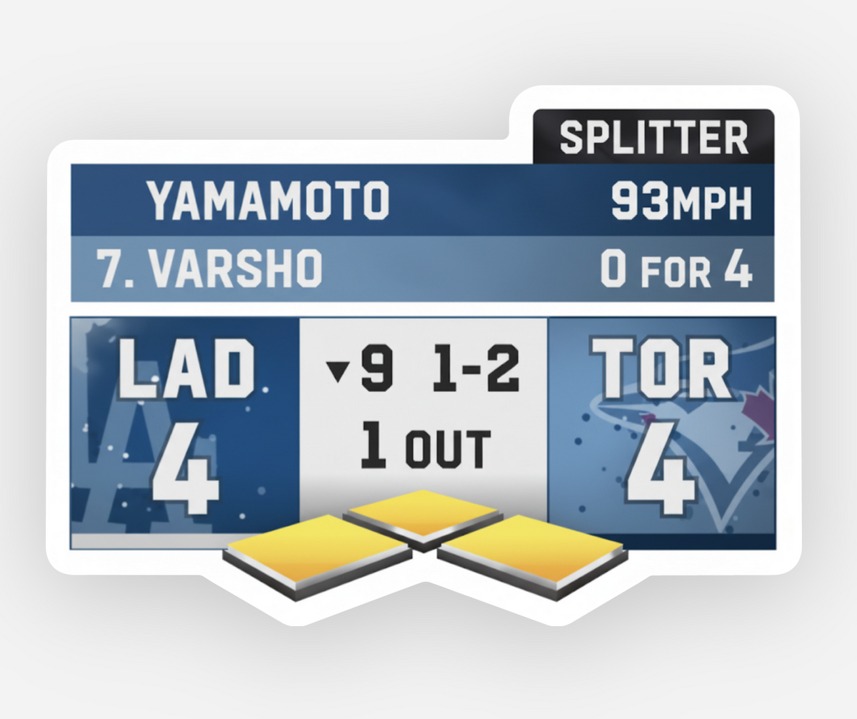 Yamamoto 93MPH Splitter Sticker – Dodgers World Series Championship Moment | Baseball Scoreboard Art