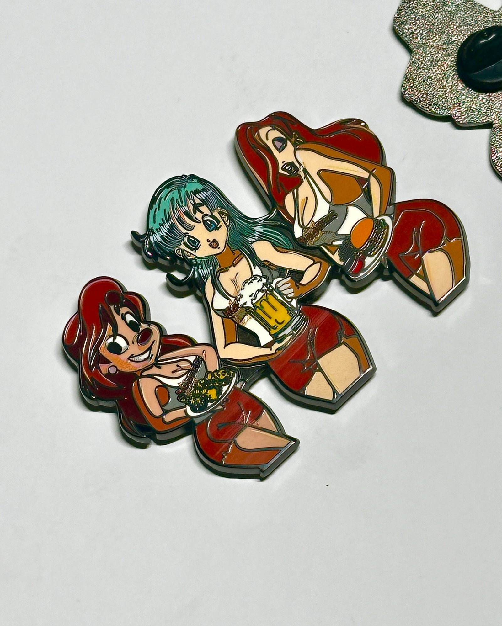 anime and cartoon restaurant parody enamel pin angled view