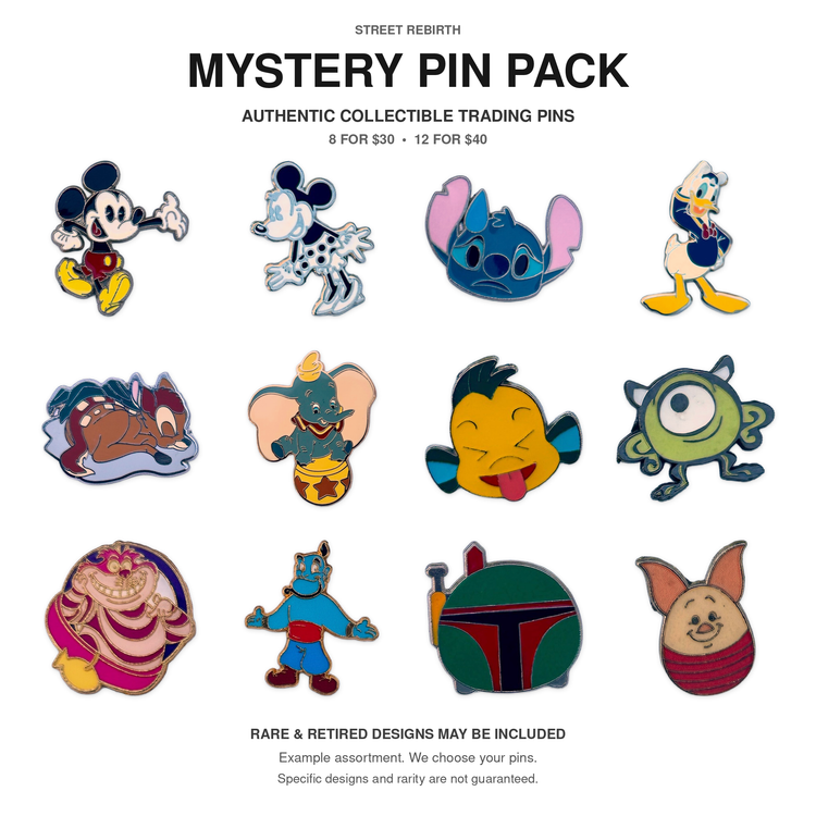 Twelve example authentic collectible character trading pins. Choose 8 or 12 seller-selected pins; rare or retired designs may be included.